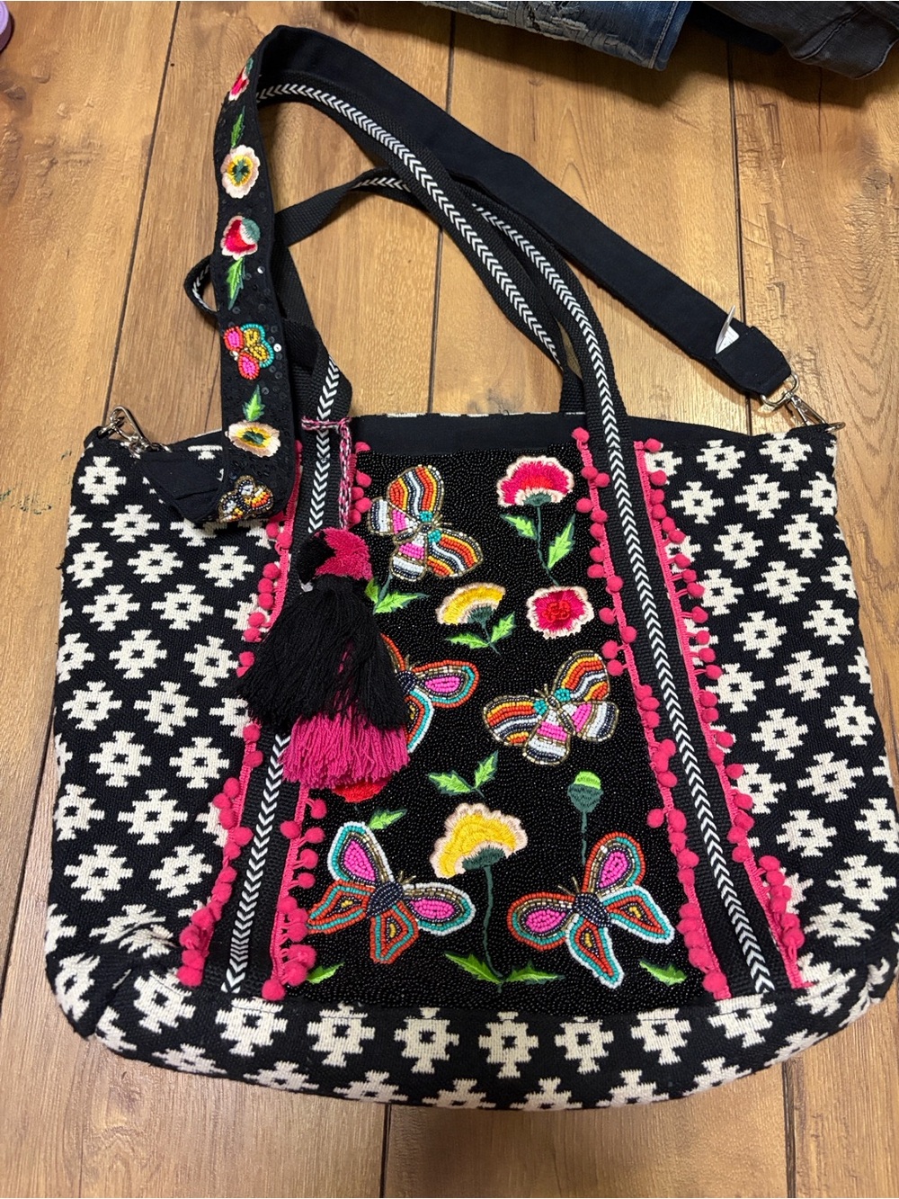 Black Embroidered Butterfly & Floral Tote with Pink Accents